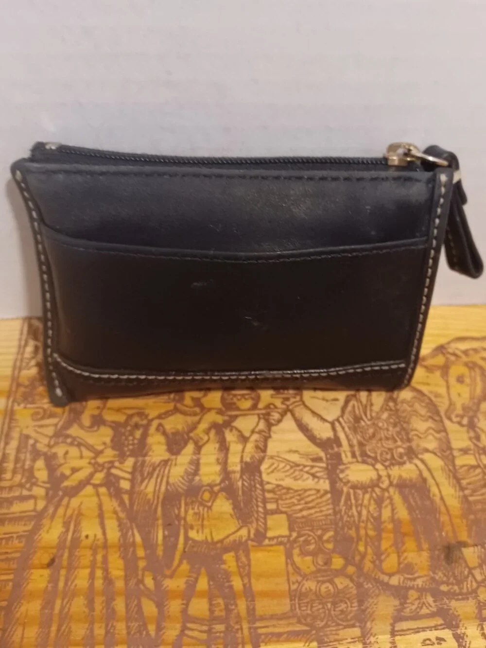 COACH CARD CASE BLACK LEATHER SIGNATURE STITCHING SLIM WALLET ZIPPER KEY RING